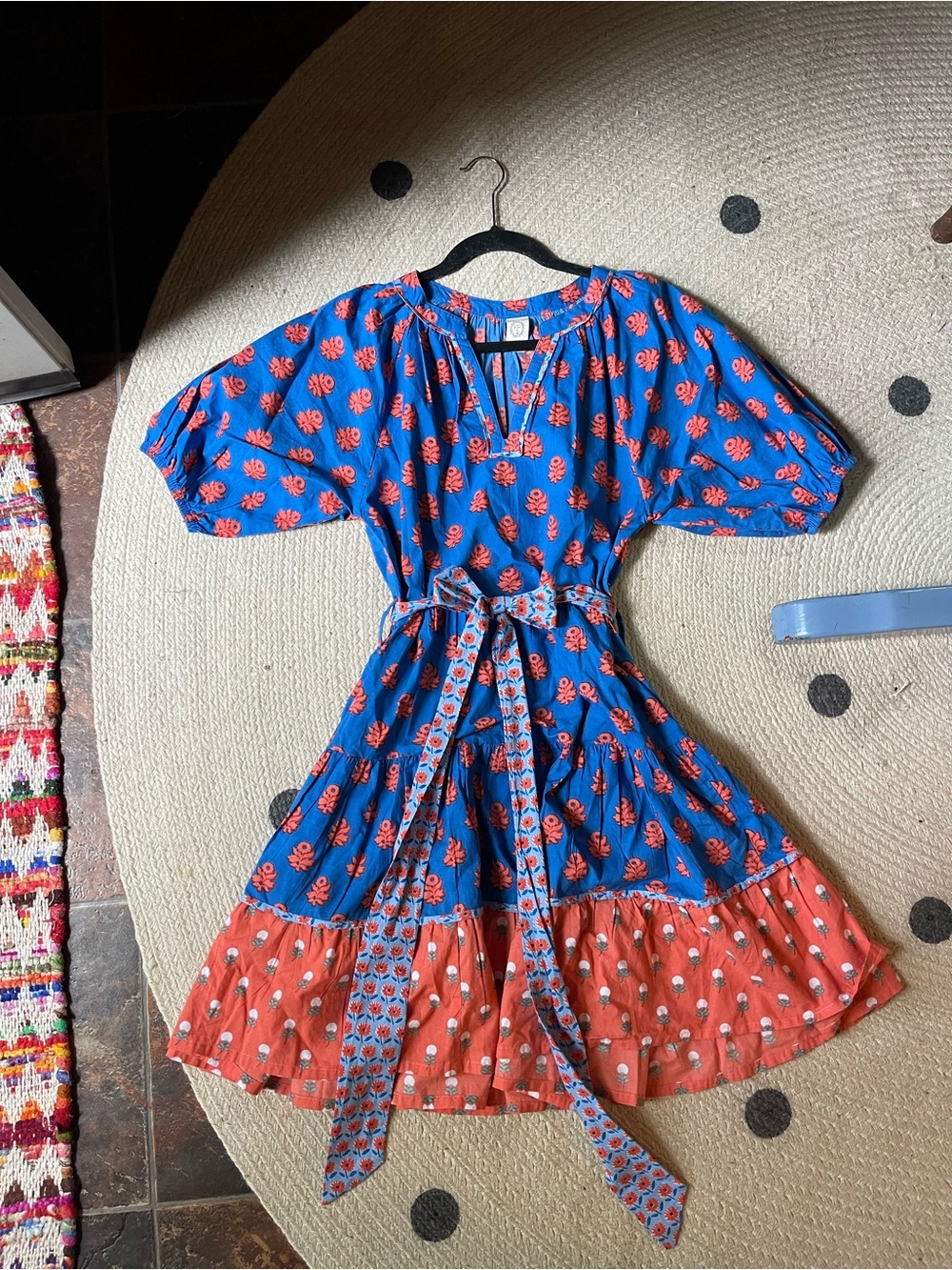 Printfresh Blue Dress with Coral Floral Print and Coral Tier